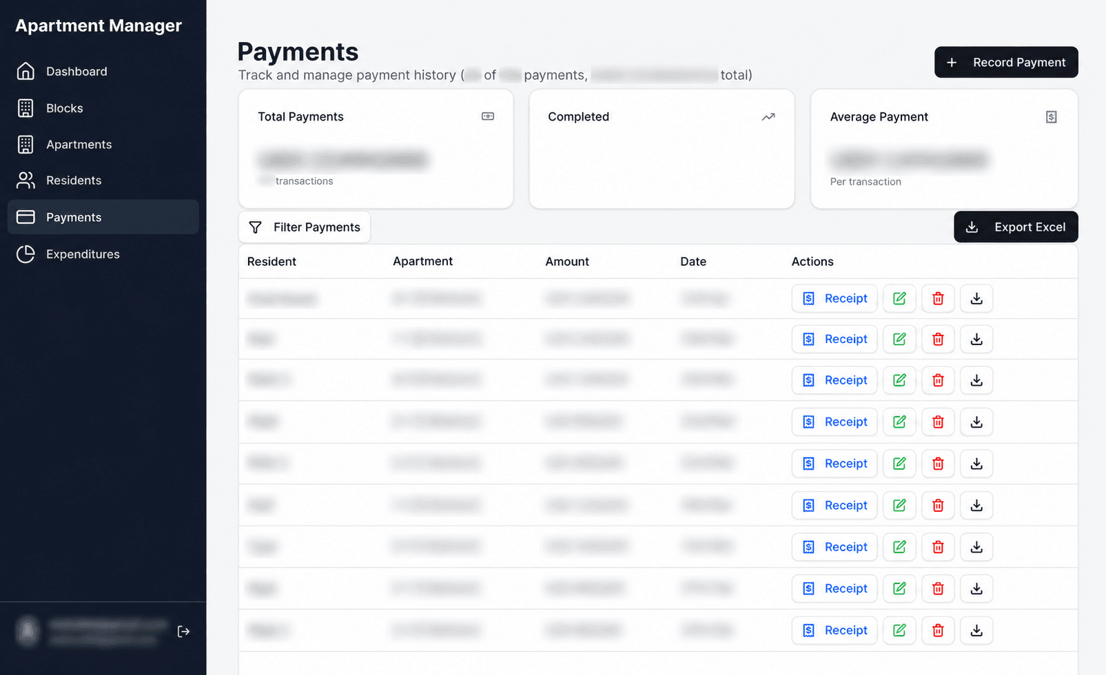 Apartment Manager payments view showing rent collection activity in a clear table
